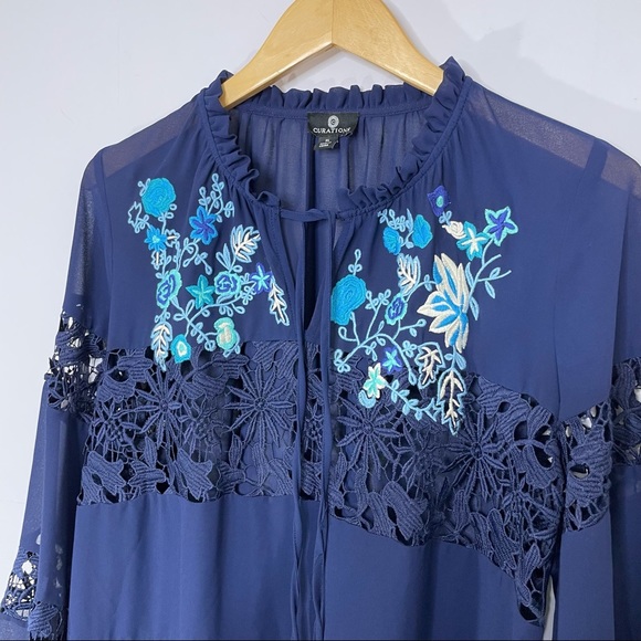 CURATIONS Boho Embroidered Lace Tunic with Balloon 3/4 Sleeves XL - Picture 4 of 9